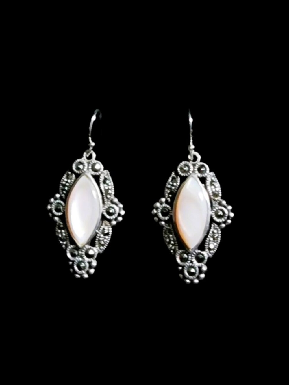 Vtg 925 Sterling Silver Thailand Crown Marcasite Mother of Pearl Dangle Earrings